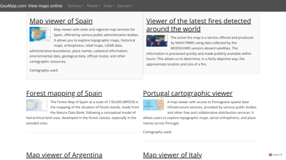 GeaMap.com homepage showing map viewers for Spain, latest fires worldwide, Portugal, Argentina, Italy, and forest mapping of Spain