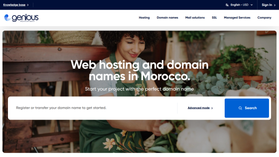 Web hosting and domain names in Morocco with a search bar and call to action.