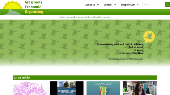 Grassroots Economic Organizing website with navigation, a Paulo Freire quote, and latest articles section