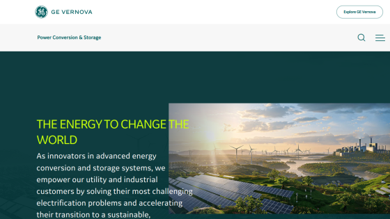 GE Vernova homepage featuring energy solutions and sustainability message.