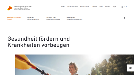 Website promoting health and disease prevention with navigation links and a smiling person outdoors in the hero image.