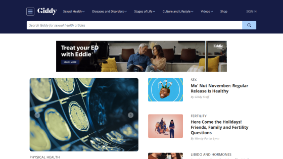 Giddy website homepage with sexual health navigation, search bar, ED treatment ad, and articles on sex, fertility, and hormones