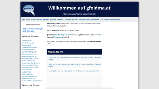 Welcome message and navigation links for the website ggoldma.at.