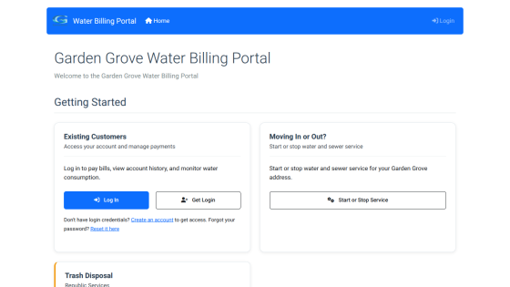 Garden Grove Water Billing Portal homepage with login options for existing customers and service start/stop for moving in or out