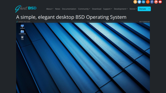 GhostBSD homepage with navigation menu and headline promoting a simple, elegant desktop BSD operating system