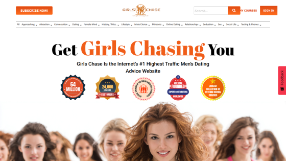 Dating advice website Girls Chase with headline, badges, and smiling women in hero section