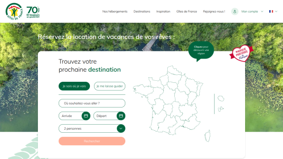 Search interface for vacation destinations in France with a map outline.