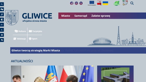Official Gliwice city website with navigation for culture, tourism, education, and sports, plus news section