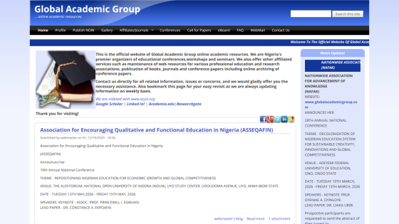 Homepage of Global Academic Group with navigation links and a brief introduction.