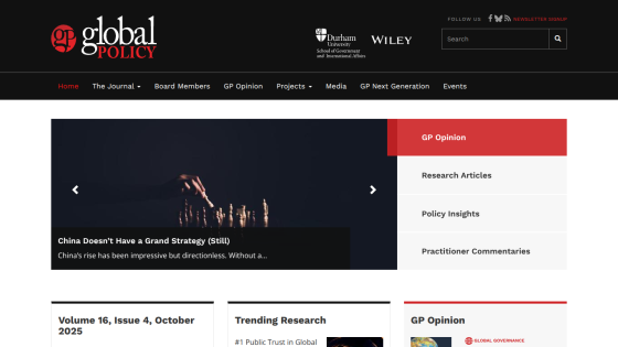 Global Policy website homepage with navigation, a featured article slider, and sections for journal volume, trending research, and GP opinion.