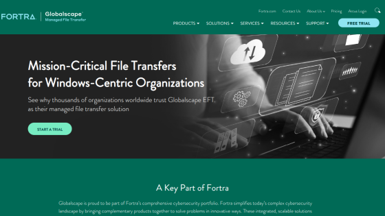 Homepage promoting managed file transfer solutions for Windows-centric organizations.