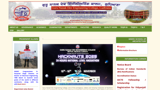 Guru Nanak Dev Engineering College Ludhiana website with navigation menu, alumni highlight, and Hacknauts 2025 hackathon event