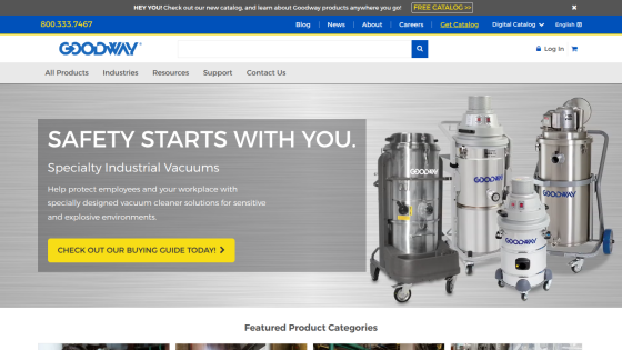 Goodway homepage with safety message and specialty industrial vacuums, plus navigation and catalog links