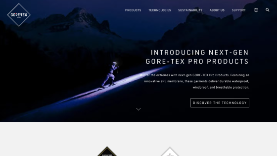 Next-gen GORE-TEX Pro Products introduction with a hero image of a skier in the mountains.
