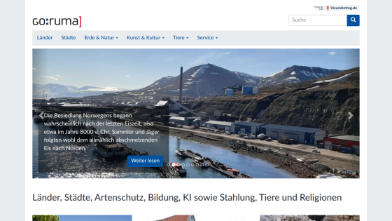Website with navigation menu and hero image about Norway's settlement after the last Ice Age with a read more button