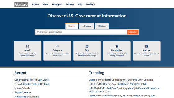 Search interface for U.S. government information with categories and recent trends.
