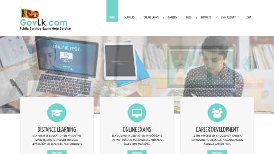 Homepage featuring services like Distance Learning, Online Exams, and Career Development.