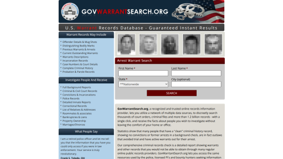GovWarrantSearch.org homepage with warrant records search form and information about criminal records database
