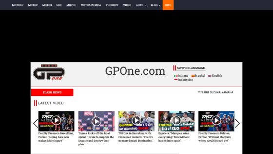 Homepage of GPOne.com featuring latest videos and navigation options.