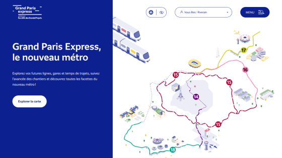 Grand Paris Express metro project homepage with map of new metro lines and a button to explore the map