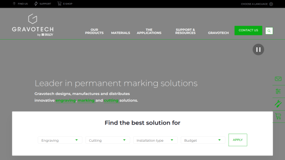Gravotech homepage with navigation and a hero section offering permanent marking solutions and a filter to find the best solution