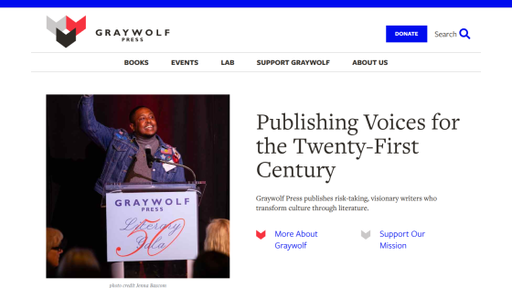 Graywolf Press homepage featuring a speaker at a podium and text about publishing voices for the twenty-first century