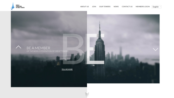 World Federation of Great Towers homepage with navigation and a city skyline hero image inviting to be a member.