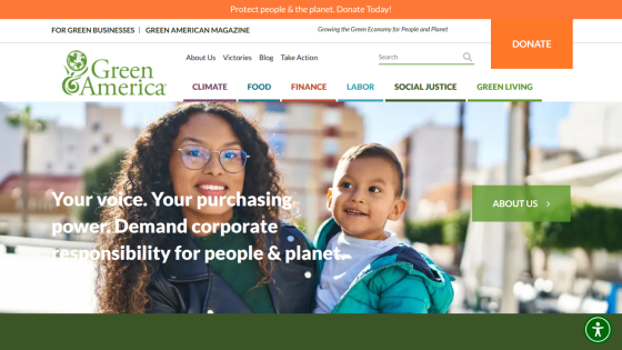 Green America homepage featuring a woman and child, promoting corporate responsibility for people and planet.
