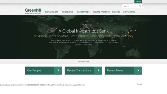 Greenhill global investment bank homepage with navigation and world map background highlighting global presence