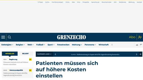 News headline about patients facing higher costs on the Grenzecho website.