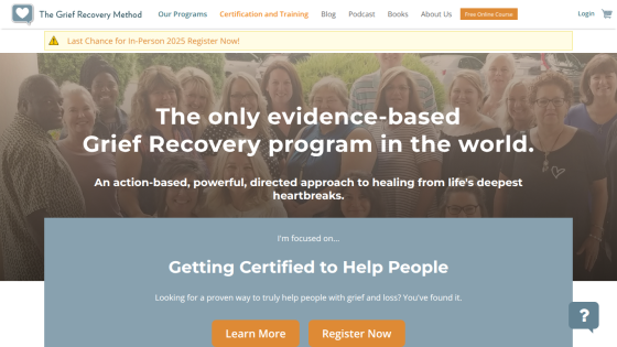 Grief Recovery Method homepage promoting evidence-based grief recovery program with certification options and registration call to action