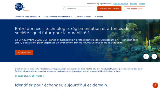 GS1 France homepage with event announcement on sustainability and navigation menu in French