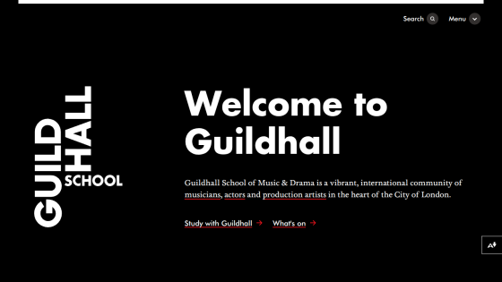Guildhall School welcome page with introduction and links to study and events