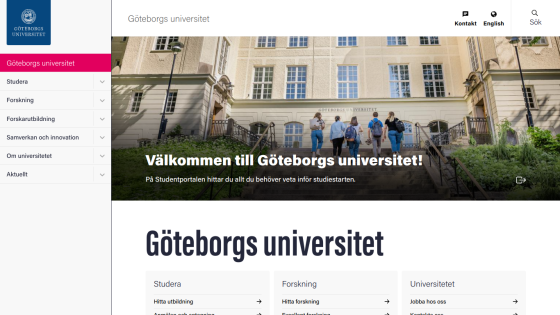 Welcome message for Göteborgs universitet with navigation options for studies and research.