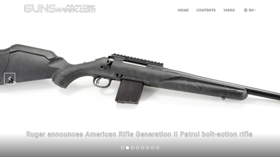 Gunsweek homepage featuring a Ruger American Rifle Generation II Patrol bolt-action rifle announcement