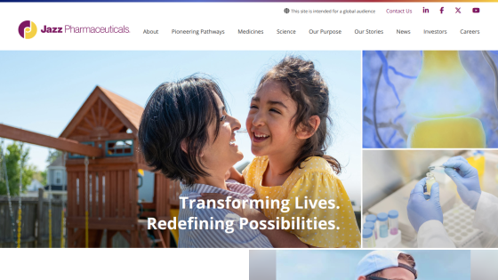 Jazz Pharmaceuticals homepage with navigation menu and hero section showing a smiling woman holding a child, and scientific images, with text Transforming Lives. Redefining Possibilities.