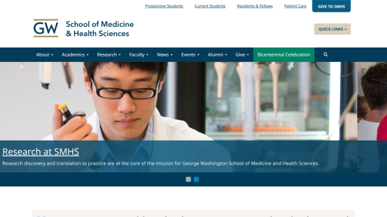 George Washington School of Medicine and Health Sciences homepage featuring research focus and navigation menu