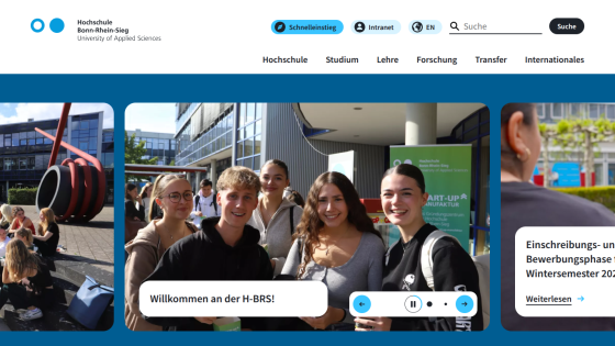 Welcome message and images of students at the university campus.