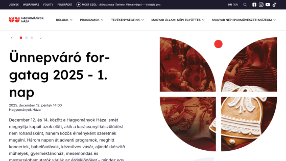 Event announcement for Ünnepváró forgatag 2025 on December 12 at Hagyományok Háza with festive activities and crafts