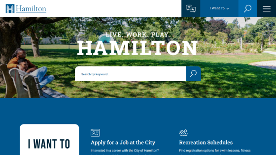 Homepage of Hamilton city featuring search bar and options for jobs and recreation.