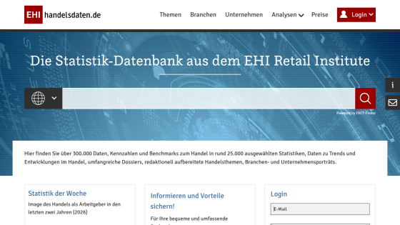 EHI Retail Institute homepage featuring a search bar and links to statistics and analysis.