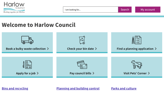 Harlow Council homepage with search bar, account access, and quick links for waste collection, bin dates, planning, jobs, bills, and pets