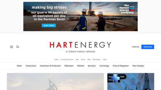 Hart Energy website featuring navigation, logo, and a promotional banner about oil production.