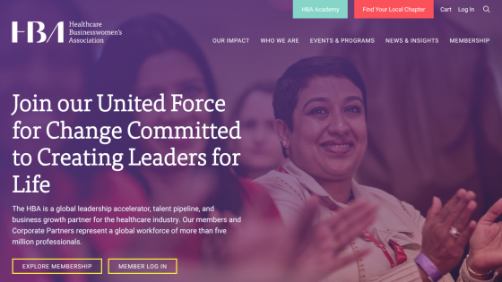 Healthcare Businesswomen's Association homepage promoting leadership and membership with navigation and call-to-action buttons