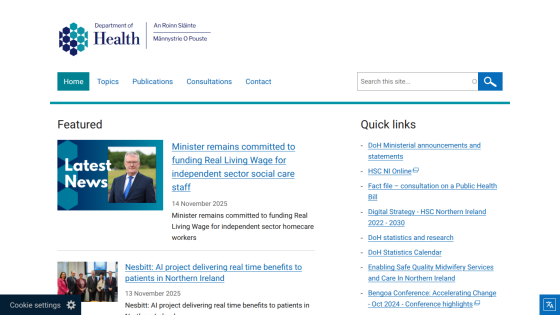 Department of Health homepage with latest news on funding Real Living Wage and AI project benefits in Northern Ireland