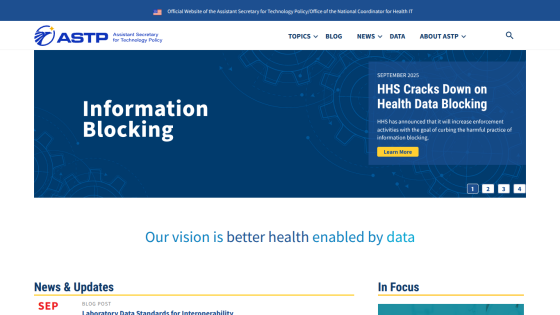 Homepage of ASTP featuring 'Information Blocking' headline and vision statement.