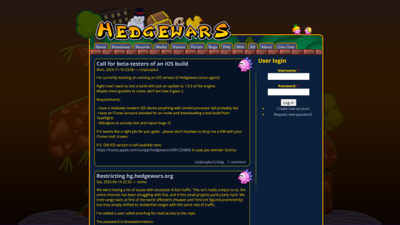 Hedgewars website homepage with news about iOS beta testing and user login form.