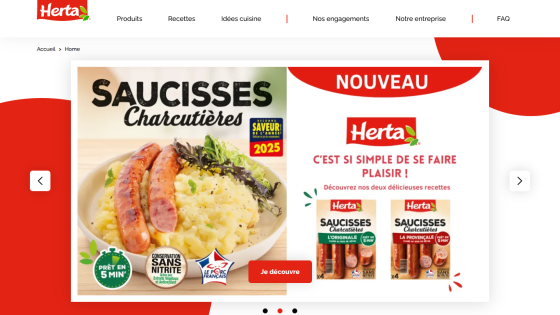 Herta homepage featuring new sausages with mashed potatoes, product packaging, and navigation menu in French.