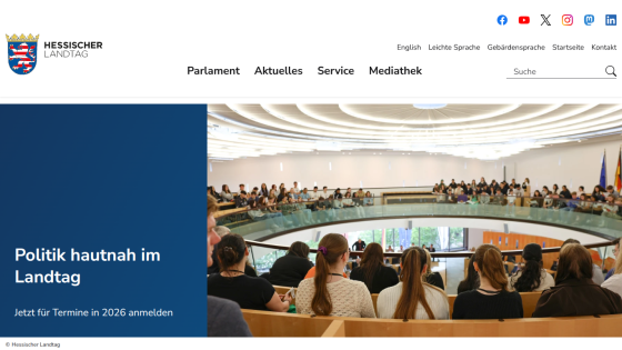 Hessischer Landtag website with navigation and a hero image showing an audience in a parliamentary setting