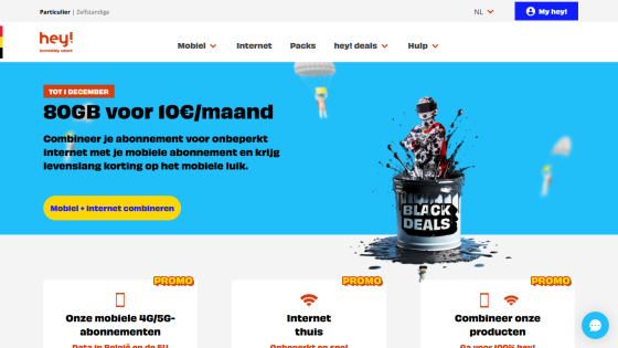 Telecom website offering 80GB for 10€/month with combined mobile and internet plans and black deals promotion.